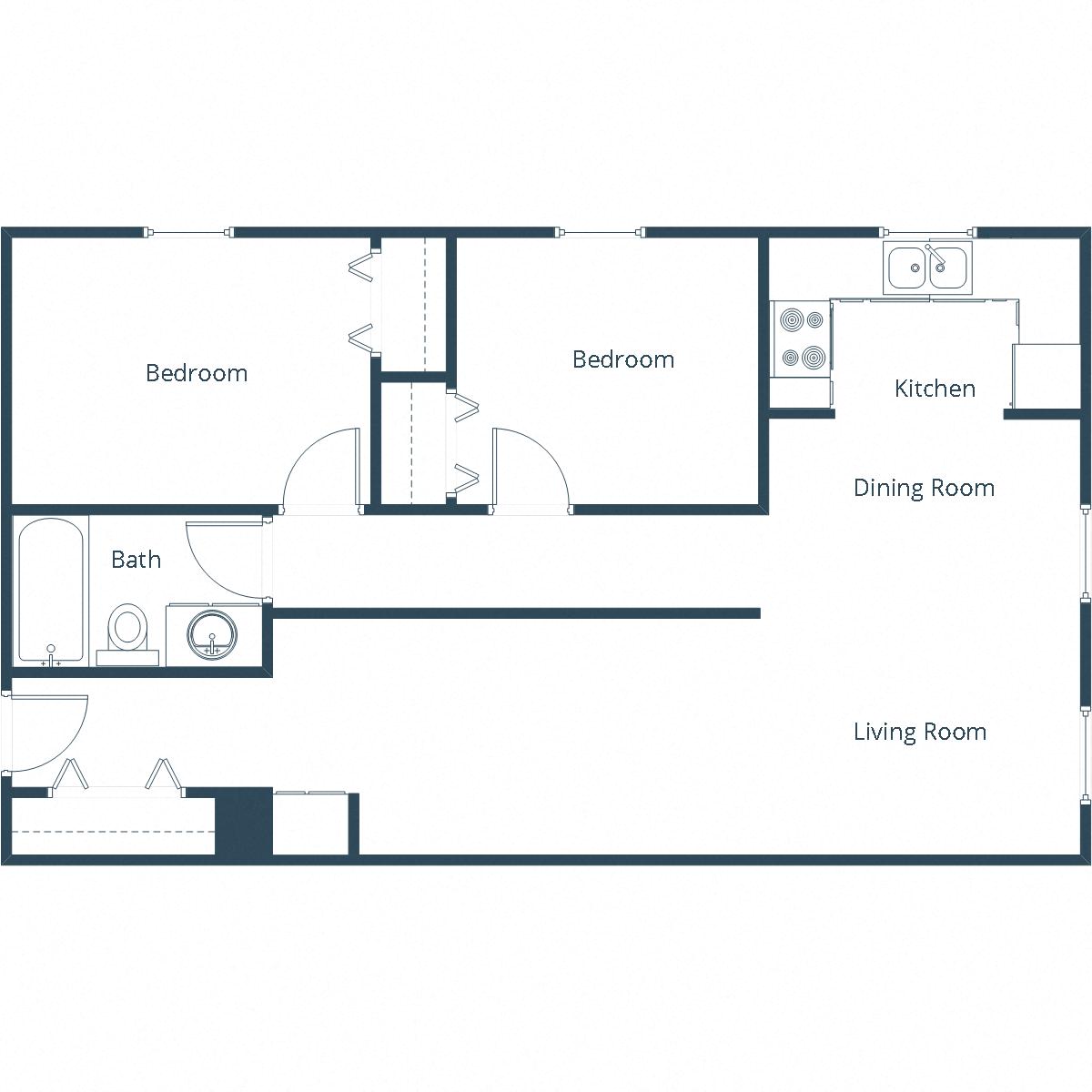 Floor plan for 2 beds, 1 bath, 950 sqft