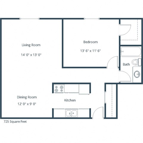 Floor plan for 1 bed, 1 bath, 725 sqft