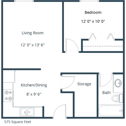 Floor plan for 1 bed, 1 bath, 725 sqft