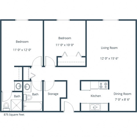 Floor plan for 2 beds, 2 baths, 840 sqft