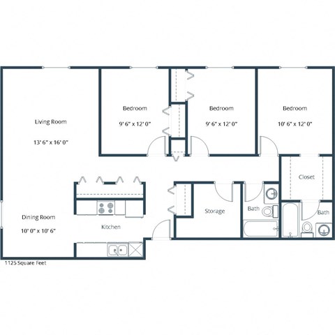 Floor plan for 3 beds, 2 baths, 1125 sqft