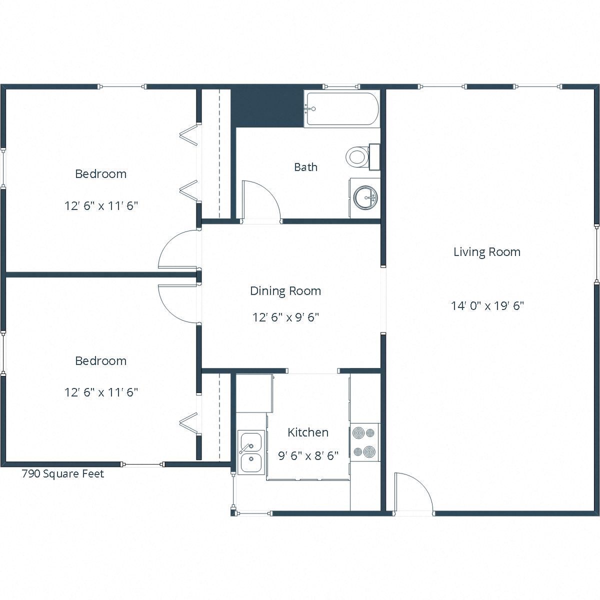 Floor plan for 2 beds, 1 bath