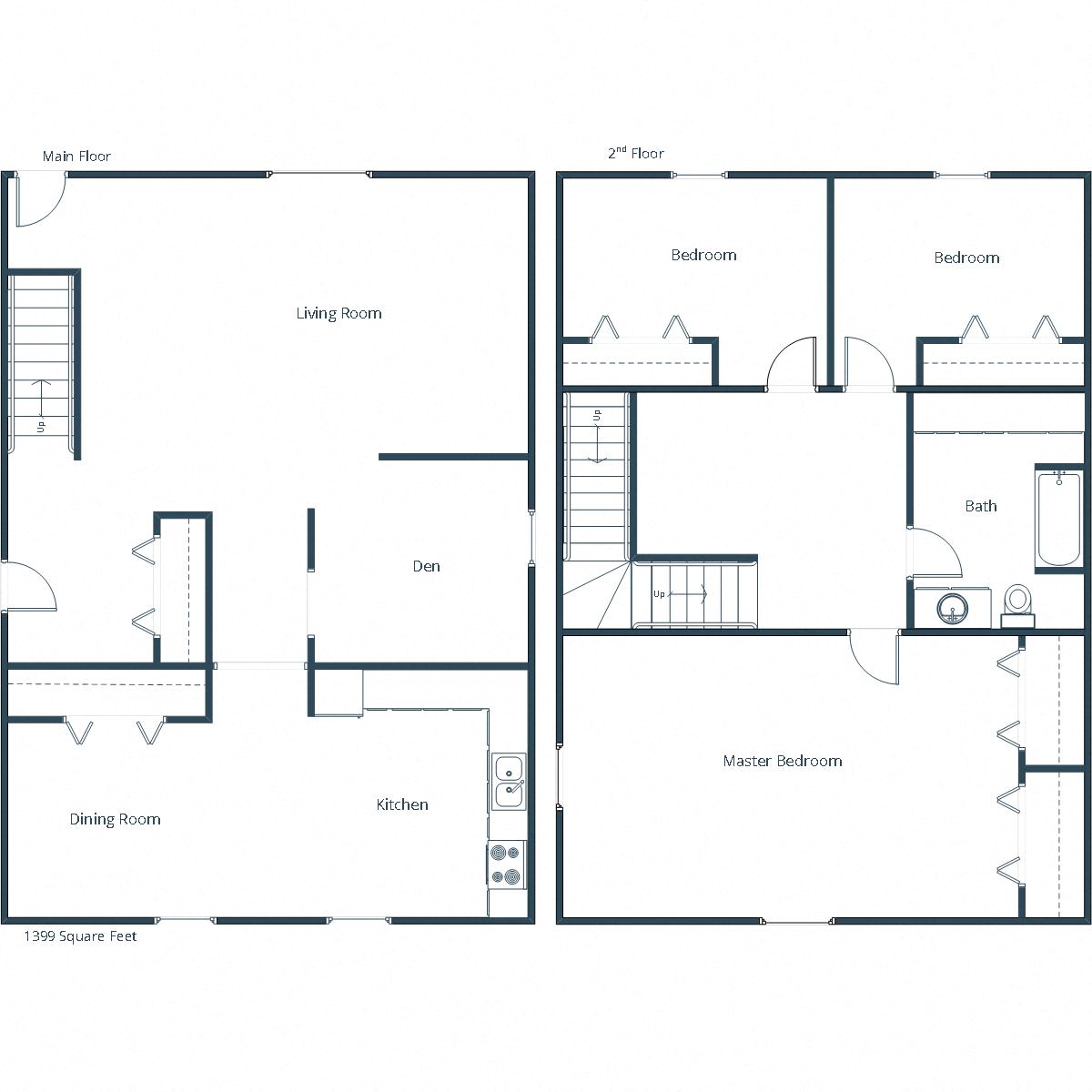 Floor plan for 3 beds, 1 bath, 1399 sqft