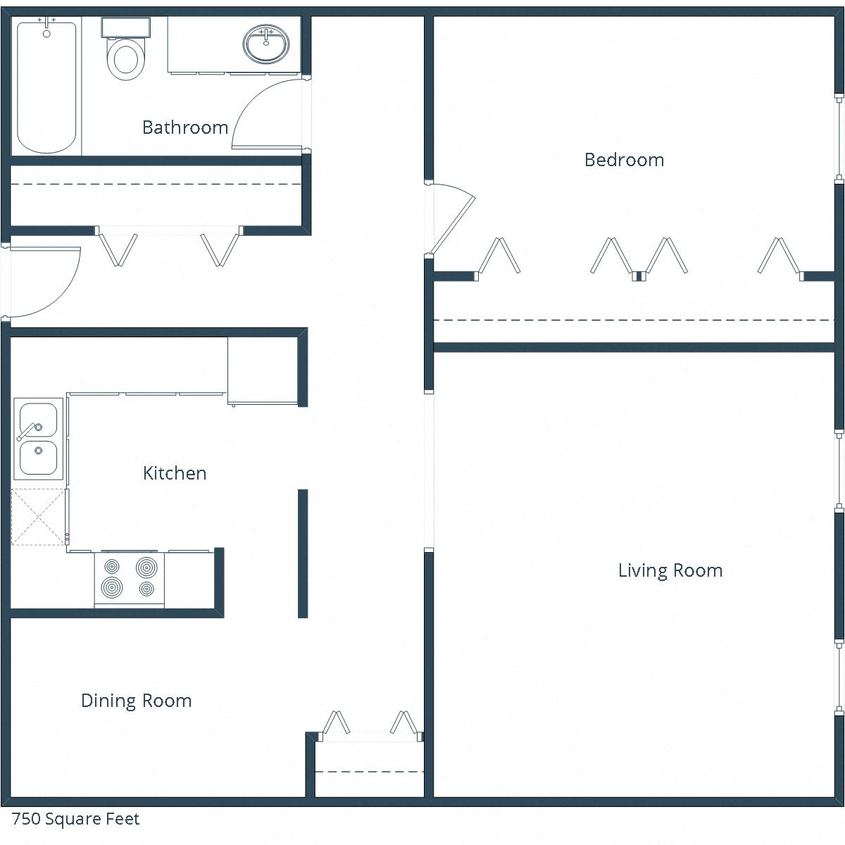Floor plan for 1 bed, 1 bath