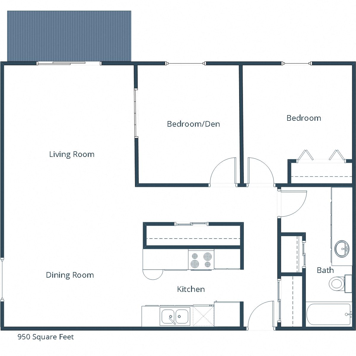 Floor plan for 2 beds, 1 bath, 950 sqft