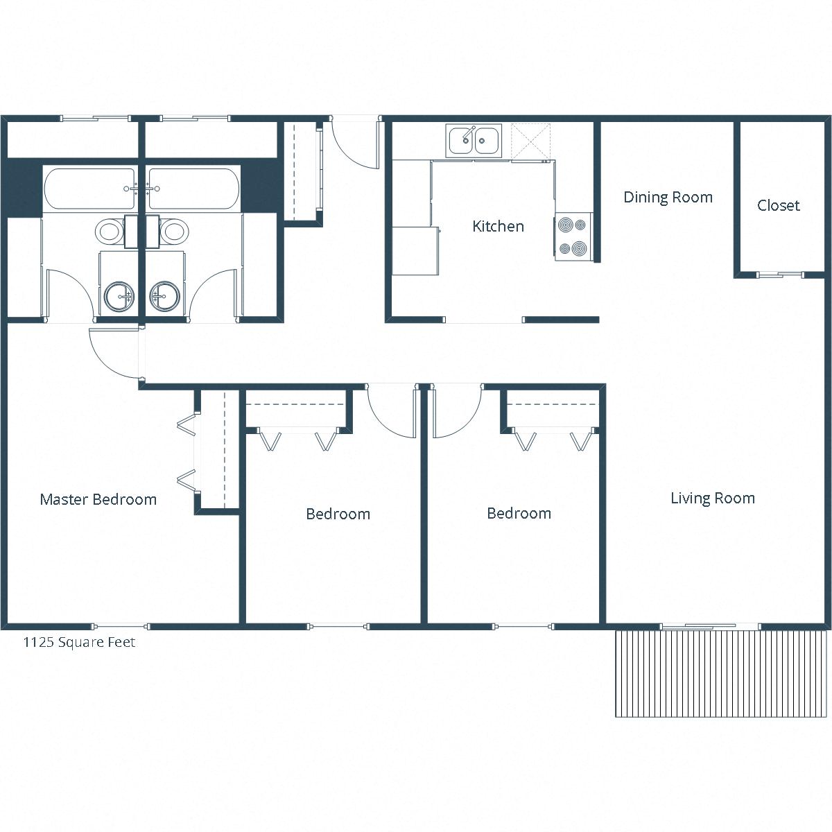Floor plan for 3 beds, 2 baths, 1125 sqft