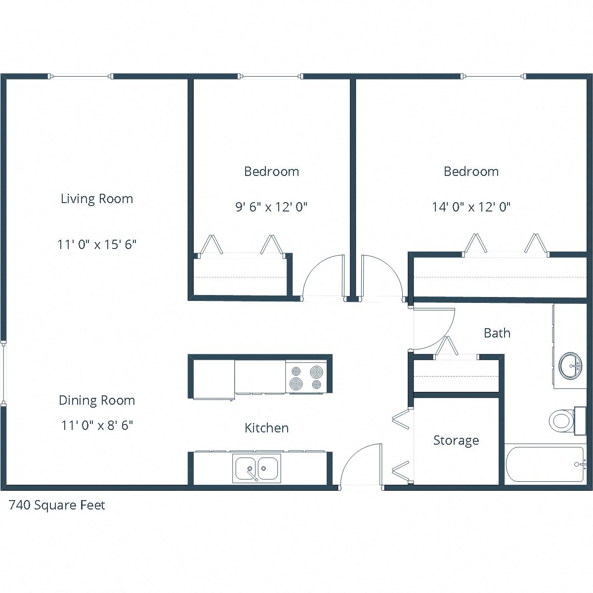 Floor plan for 2 beds, 1 bath, 740 sqft