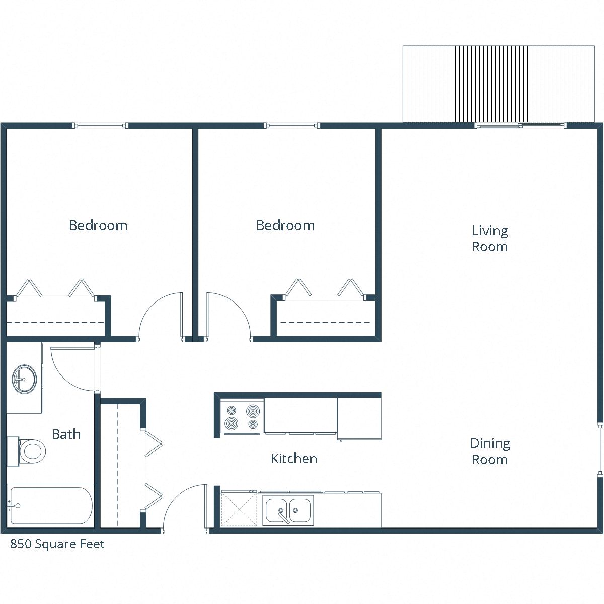 Floor plan for 2 beds, 1 bath, 850 sqft