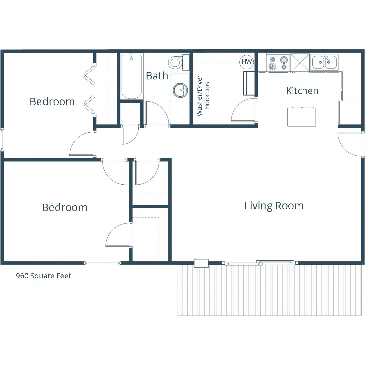 Floor plan for 2 beds, 1 bath, 960 sqft