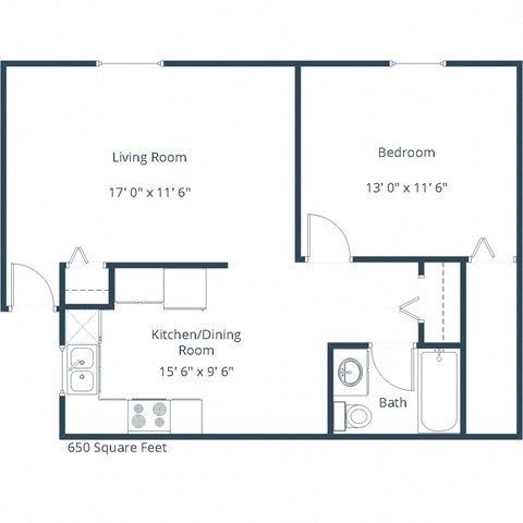 Floor plan for 1 bed, 1 bath, 650 sqft