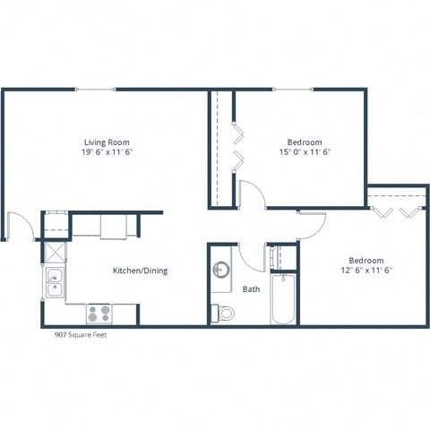 Floor plan for 2 beds, 1 bath, 907 sqft
