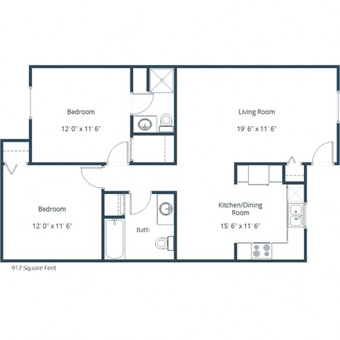 Floor plan for 2 beds, 2 baths, 913 sqft