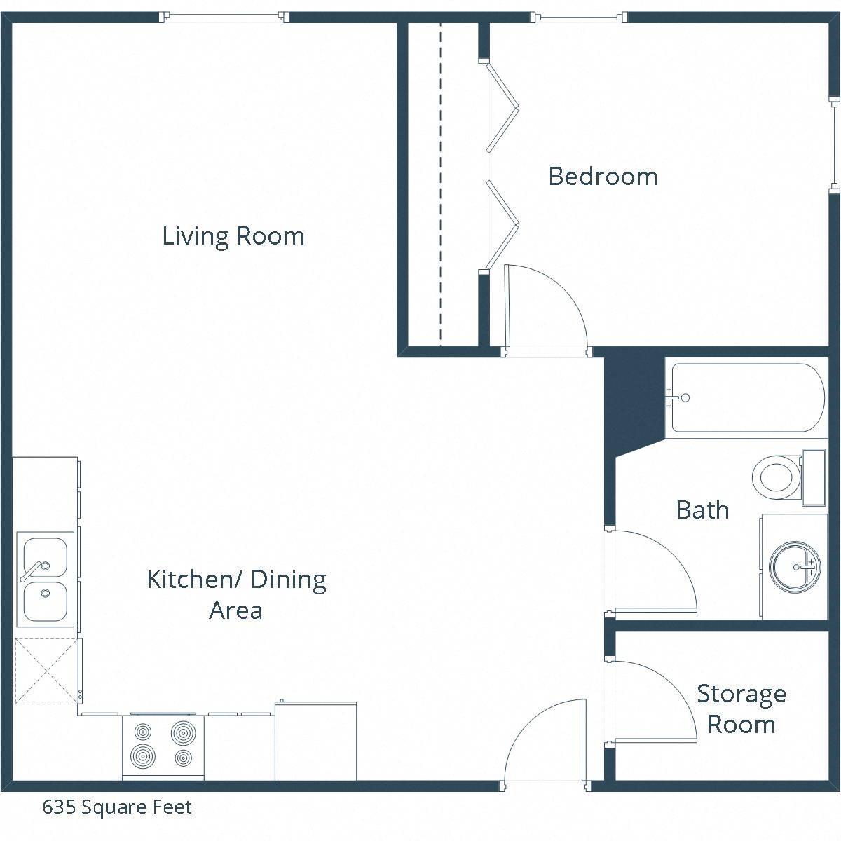 Floor plan for 1 bed, 1 bath, 635 sqft