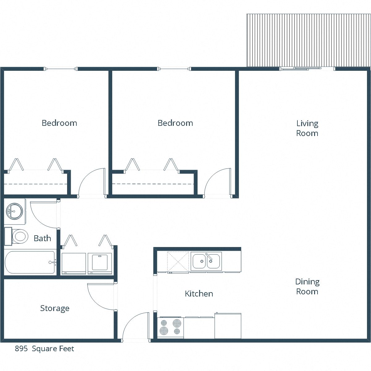 Floor plan for 2 beds, 1 bath, 895 sqft