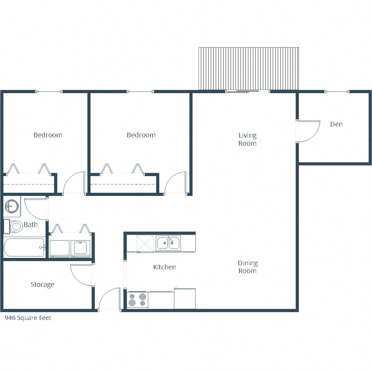 Floor plan for 2 beds, 1 bath, 946 sqft