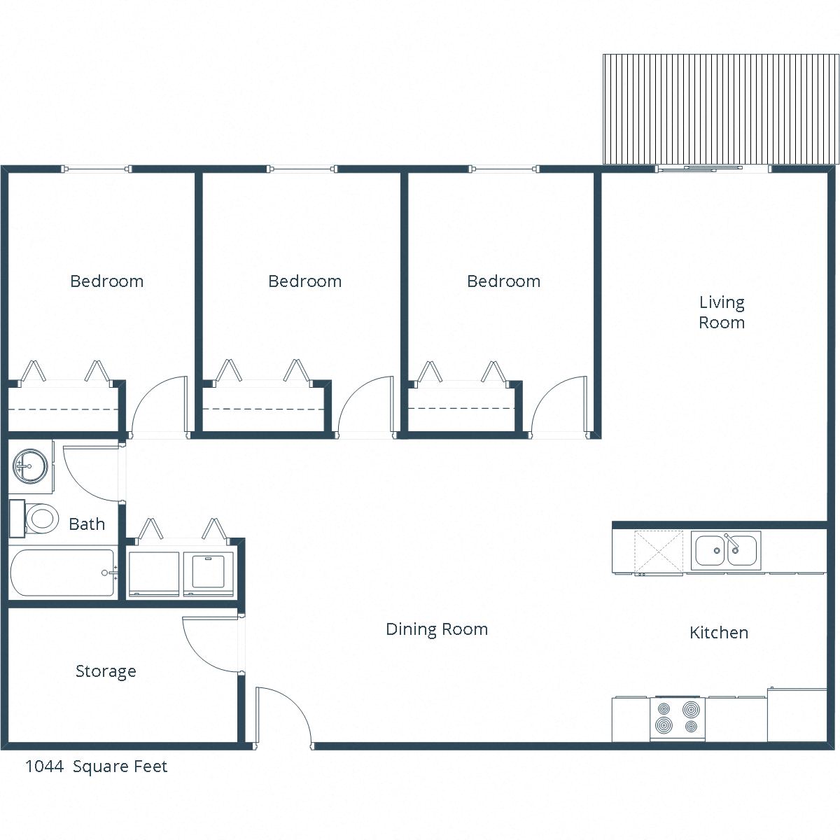 Floor plan for 3 beds, 1 bath, 1044 sqft
