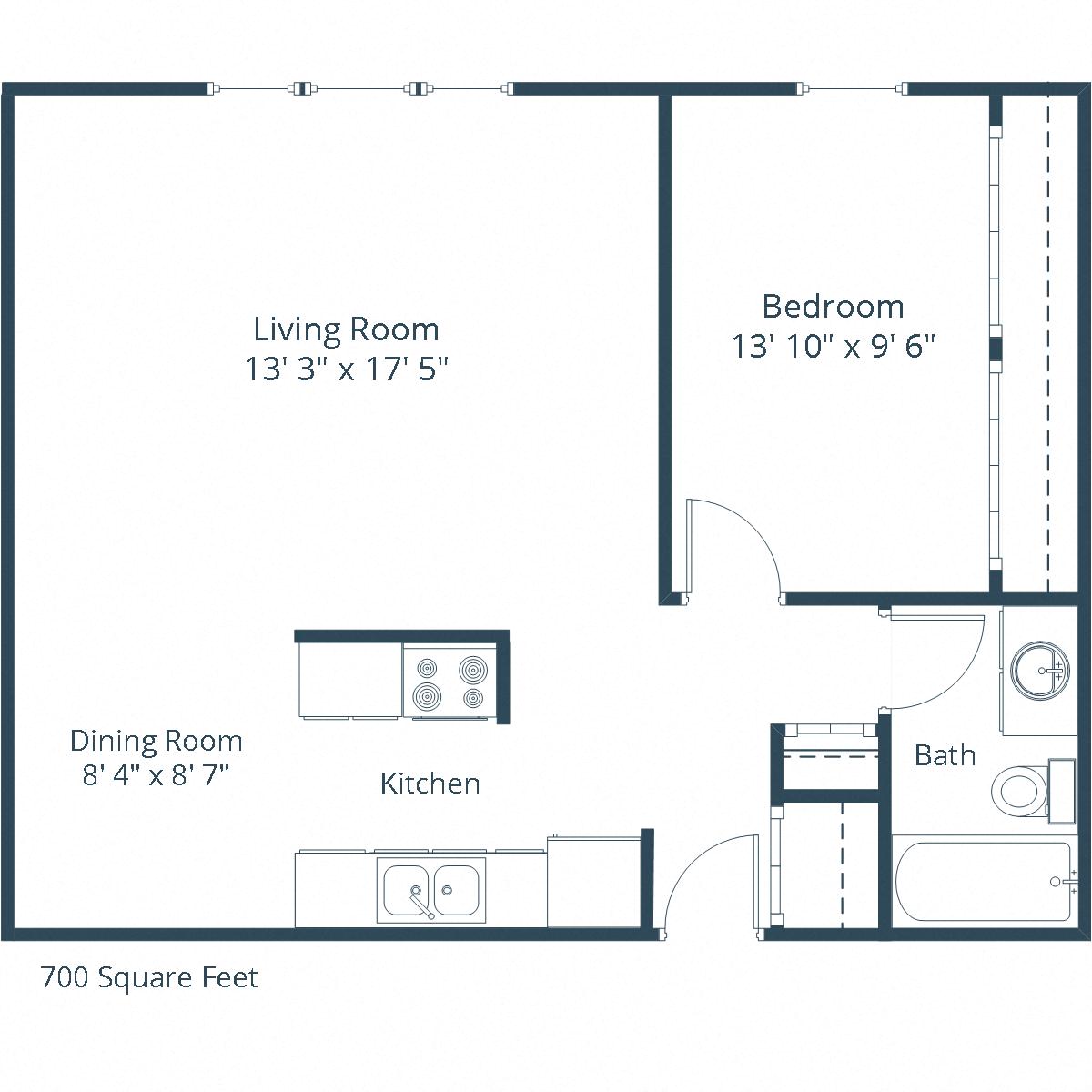 Floor plan for 1 bed, 1 bath, 700 sqft