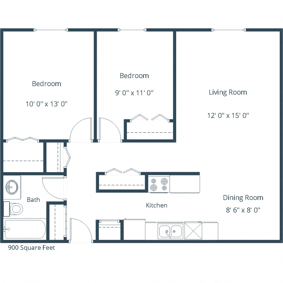 Floor plan for 2 beds, 1 bath, 900 sqft