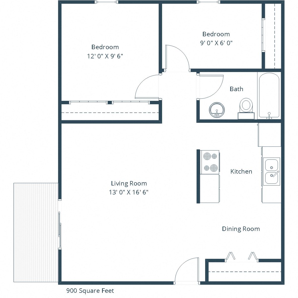 Floor plan for 2 beds, 1 bath, 900 sqft