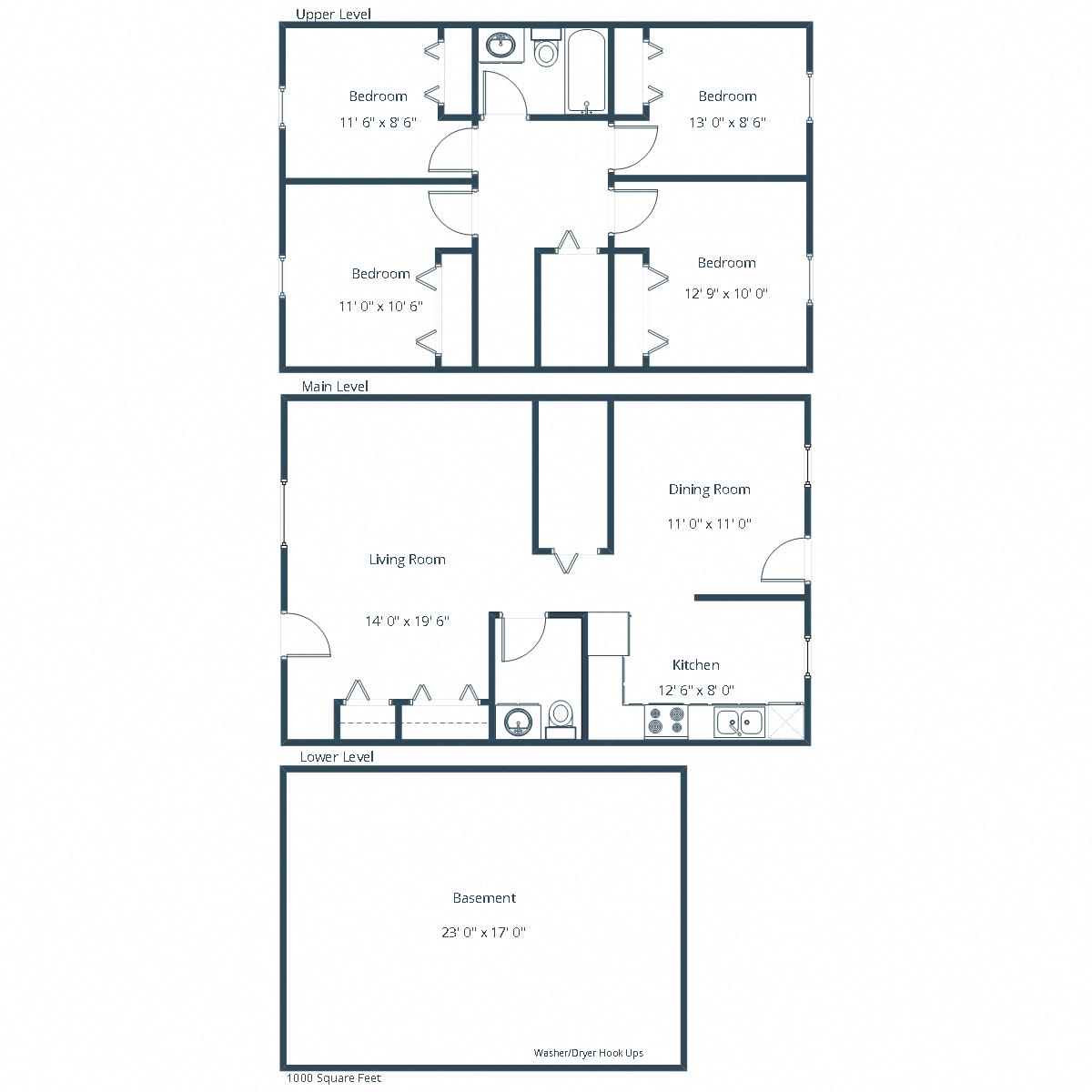 Floor plan for 2 beds, 1 bath, 1000 sqft