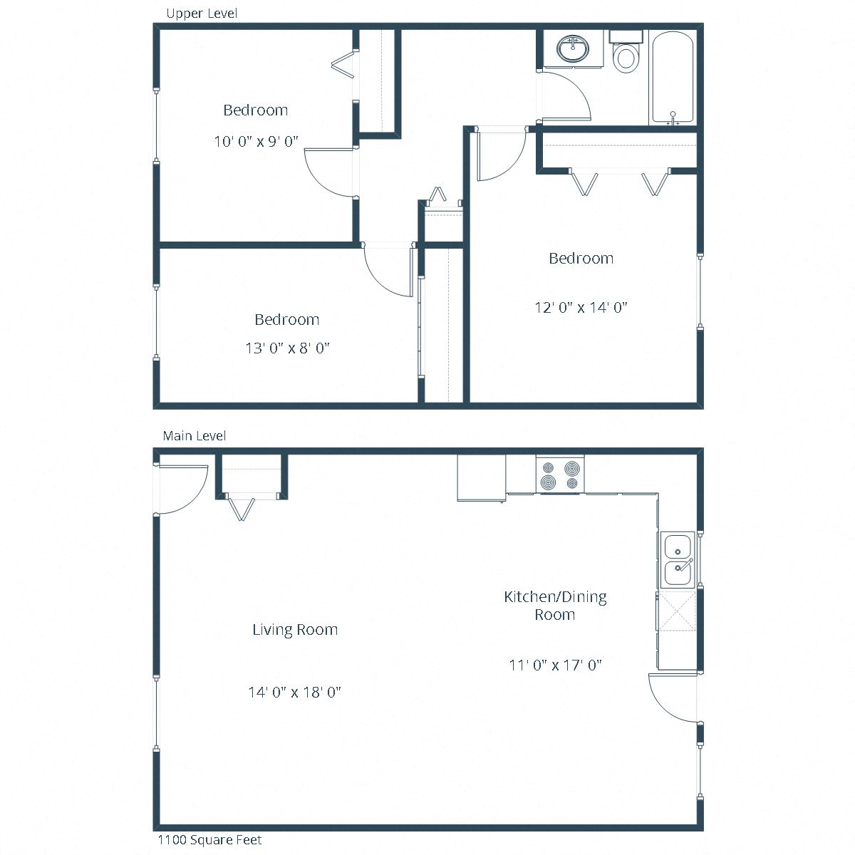 Floor plan for 3 beds, 1 bath, 1200 sqft