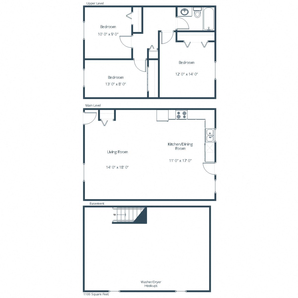 Floor plan for 3 beds, 1 bath, 1100 sqft