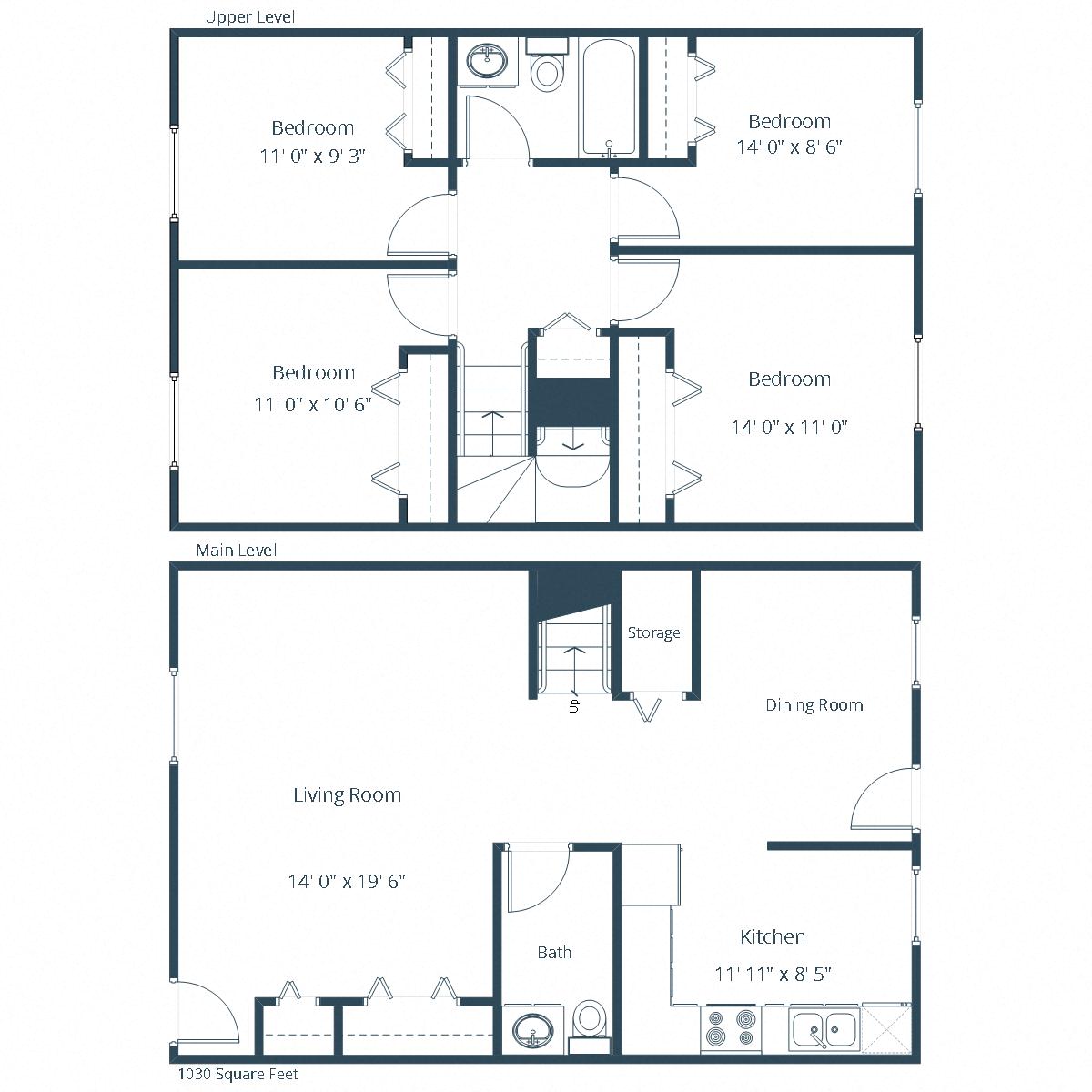 Floor plan for 4 beds, 2 baths, 1200 sqft