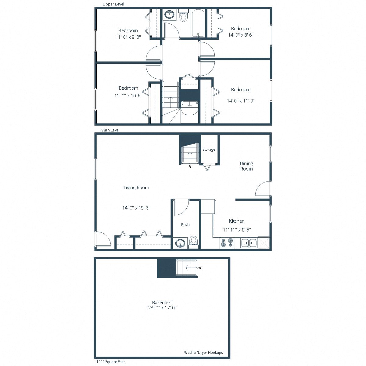 Floor plan for 4 beds, 2 baths, 1200 sqft