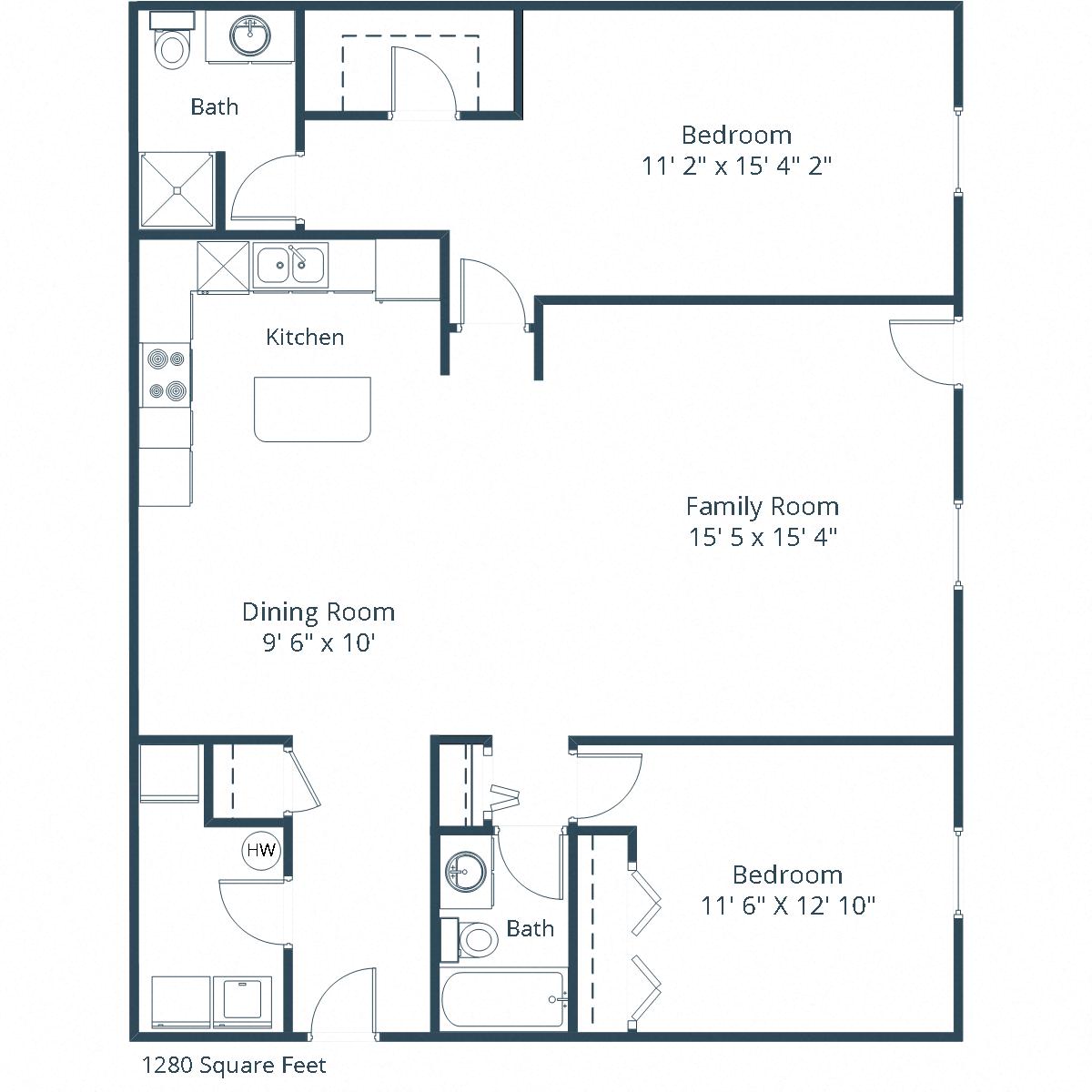 Floor plan for 2 beds, 2 baths, 1280 sqft