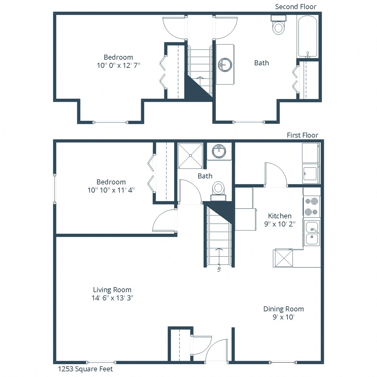 Floor plan for 2 beds, 2 baths, 1253 sqft