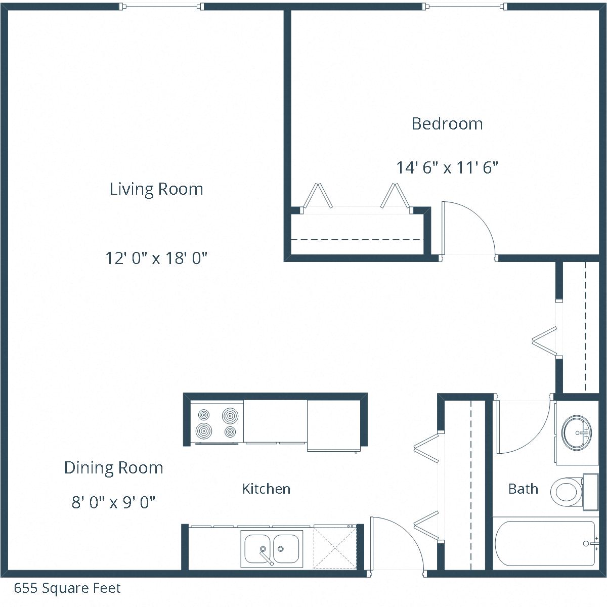 Floor plan for 1 bed, 1 bath, 655 sqft