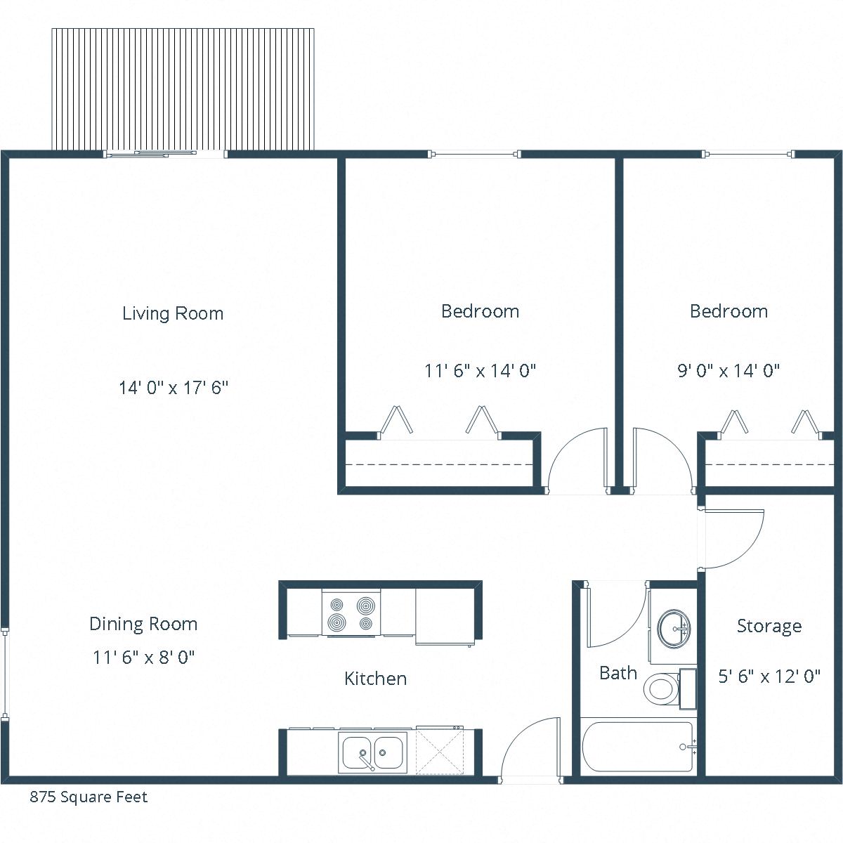 Floor plan for 2 beds, 1 bath, 875 sqft