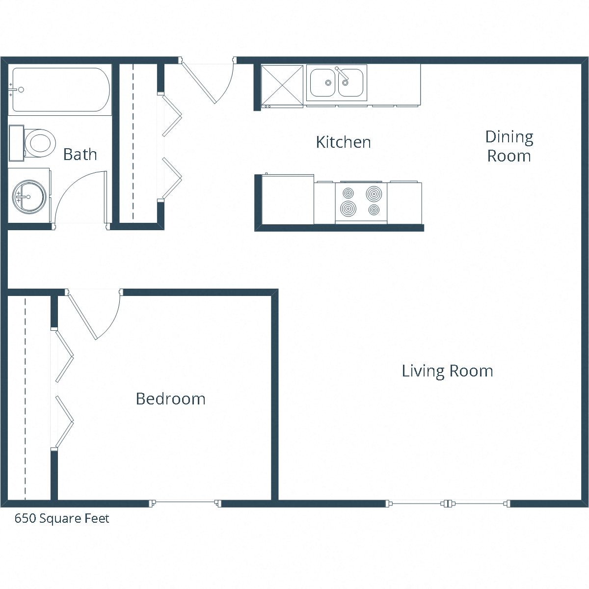 Floor plan for 1 bed, 1 bath, 650 sqft