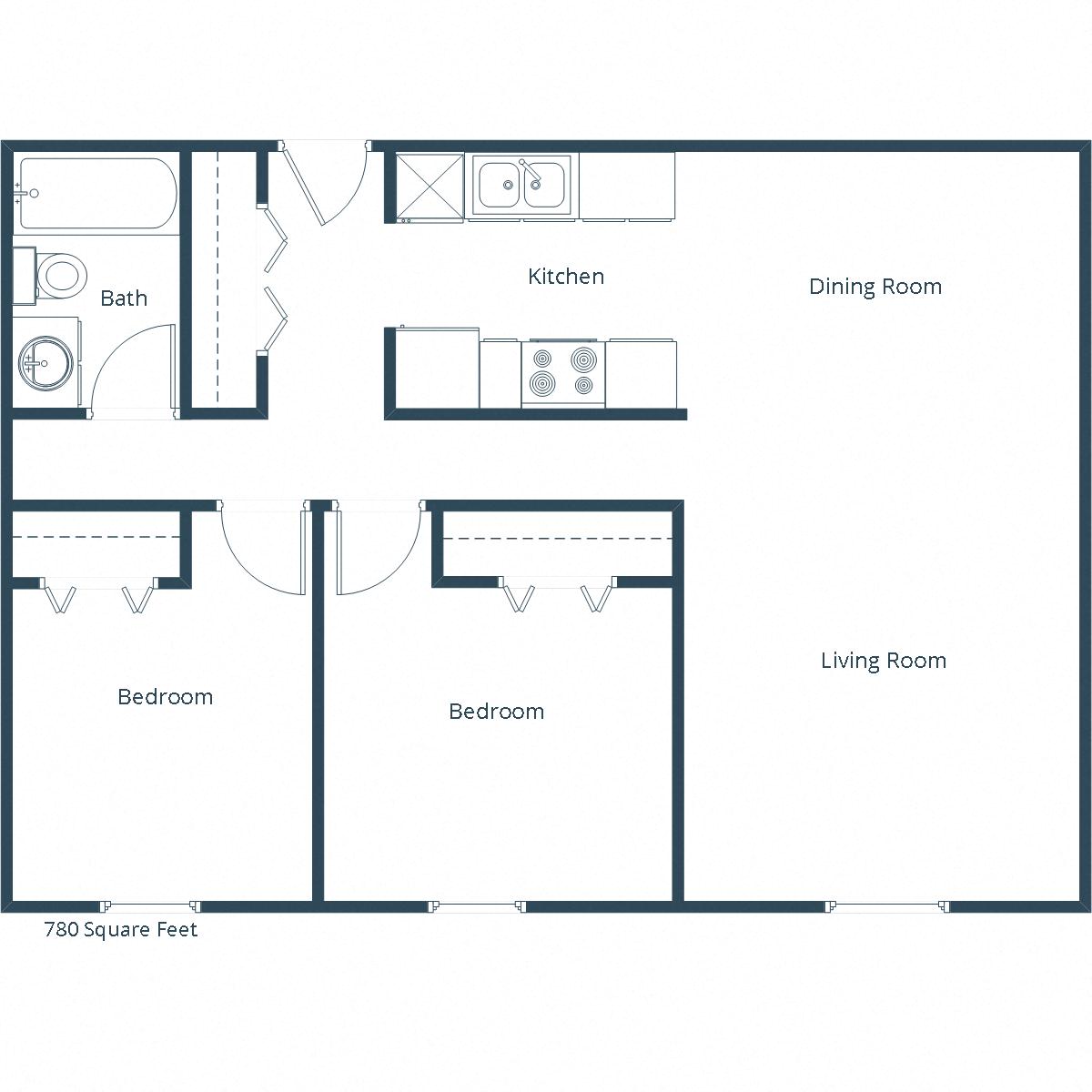 Floor plan for 2 beds, 1 bath, 780 sqft