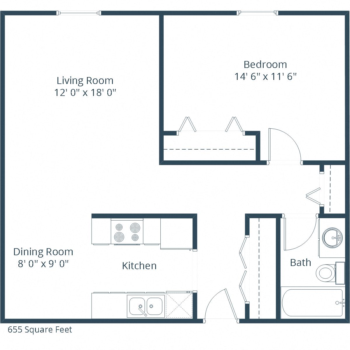 Floor plan for 1 bed, 1 bath, 655 sqft