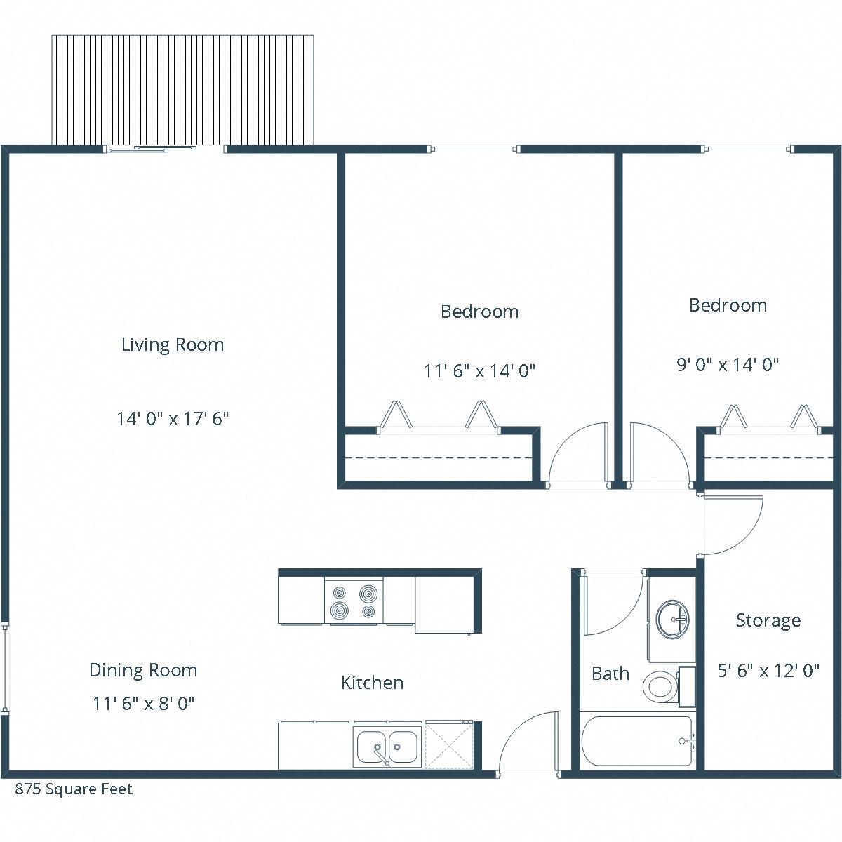 Floor plan for 2 beds, 1 bath, 875 sqft
