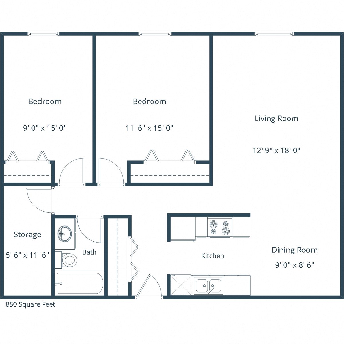 Floor plan for 2 beds, 1 bath, 875 sqft