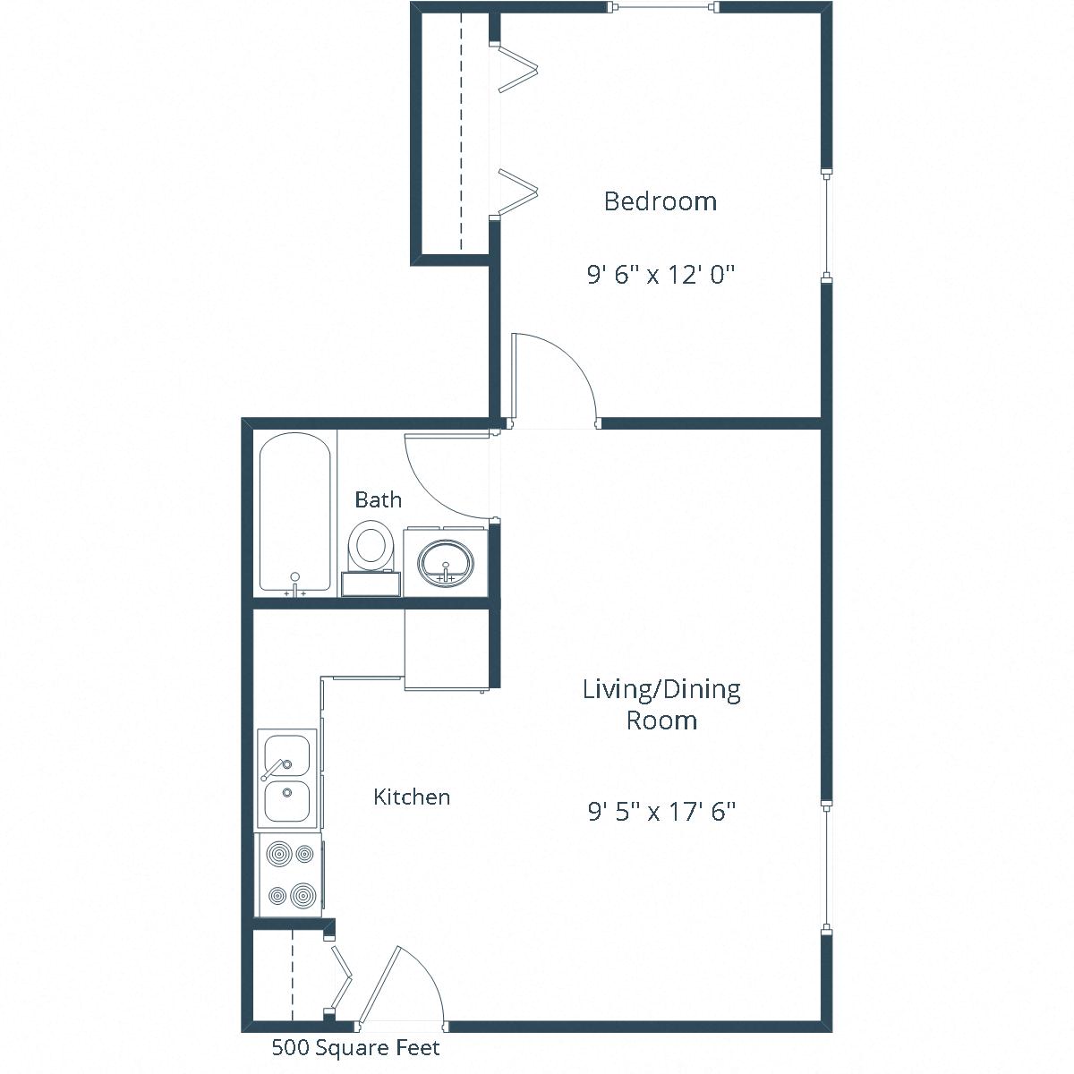 Floor plan for 1 bed, 1 bath, 500 sqft