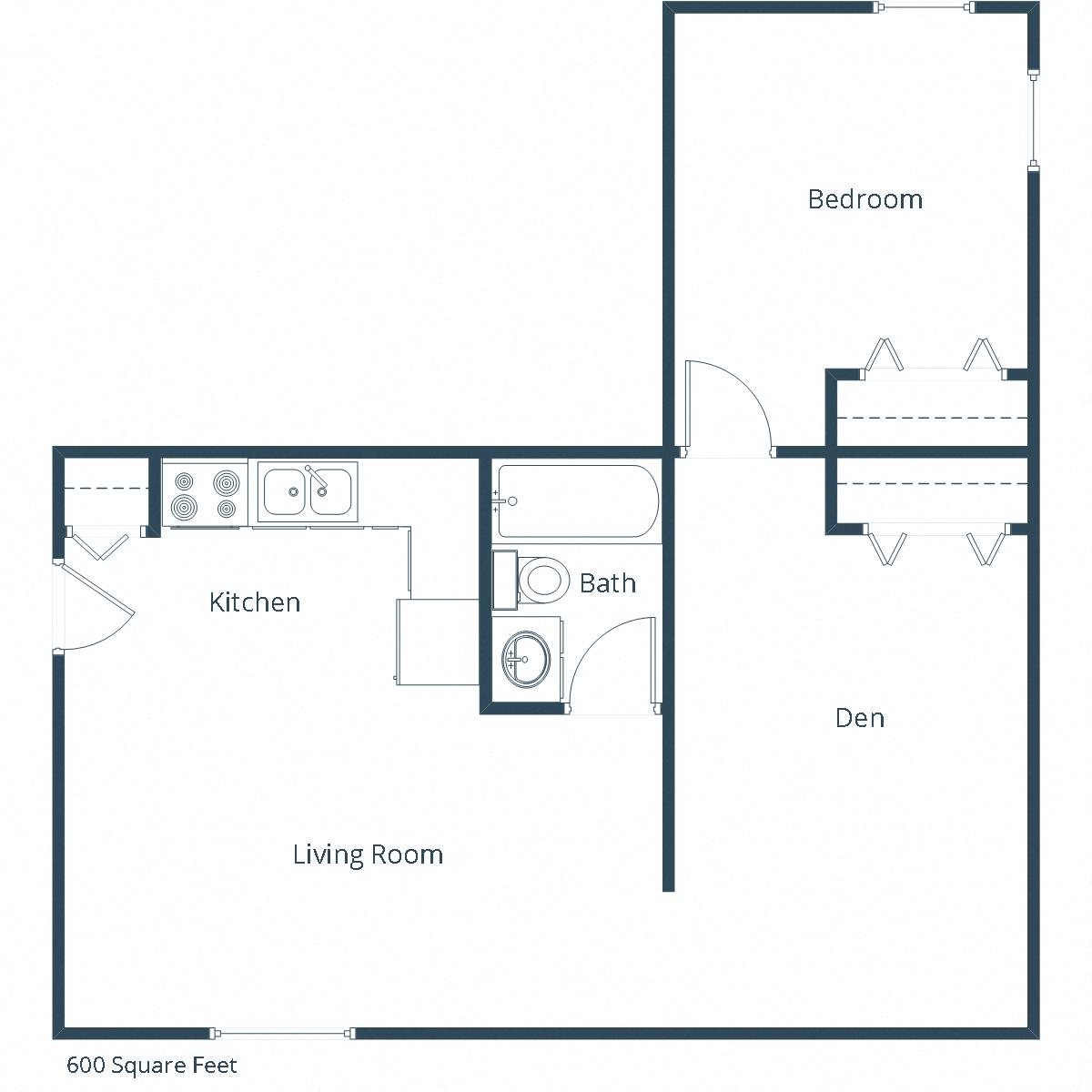 Floor plan for 1 bed, 1 bath, 700 sqft