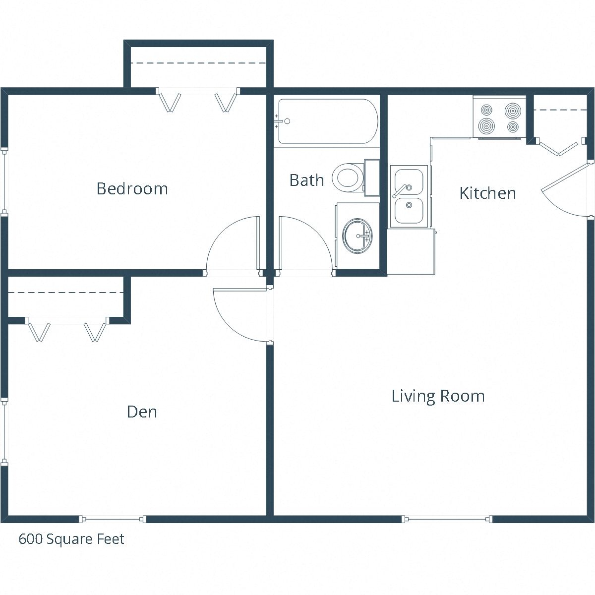 Floor plan for 1 bed, 1 bath, 500 sqft