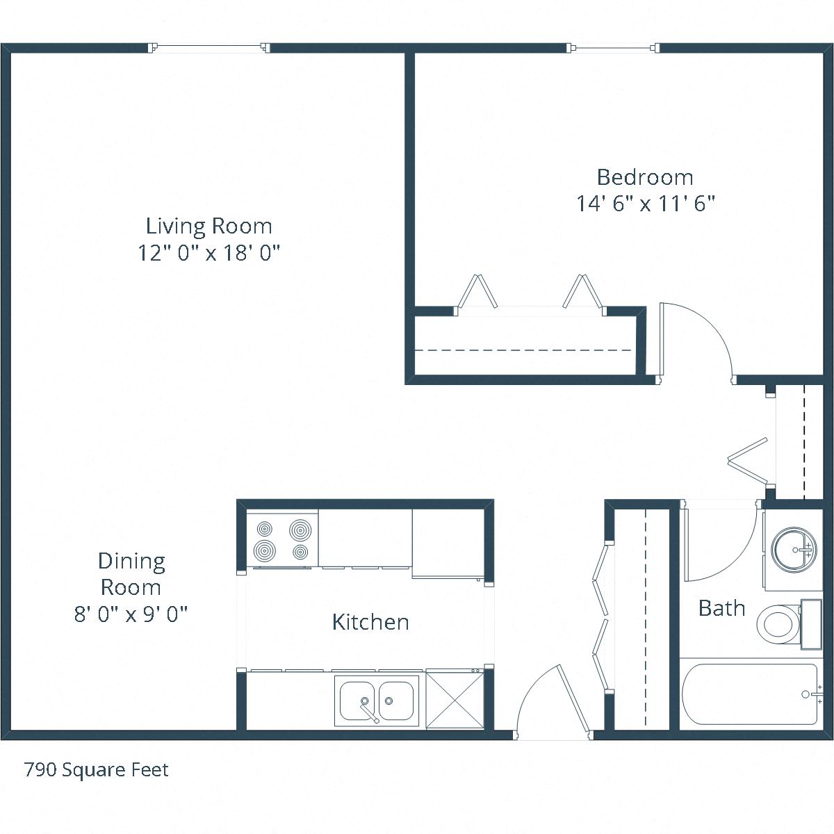 Floor plan for 1 bed, 1 bath, 790 sqft
