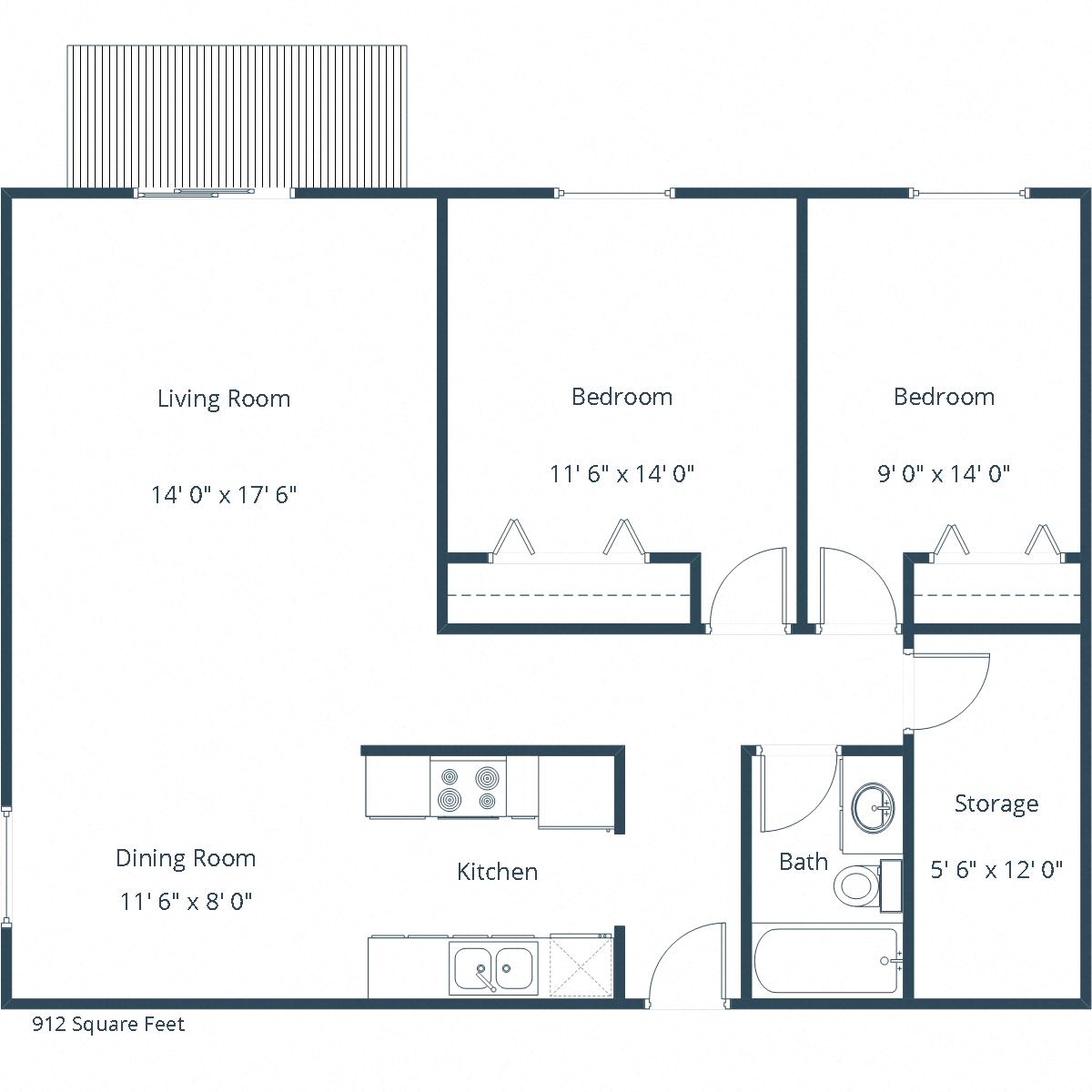 Floor plan for 2 beds, 1 bath, 912 sqft