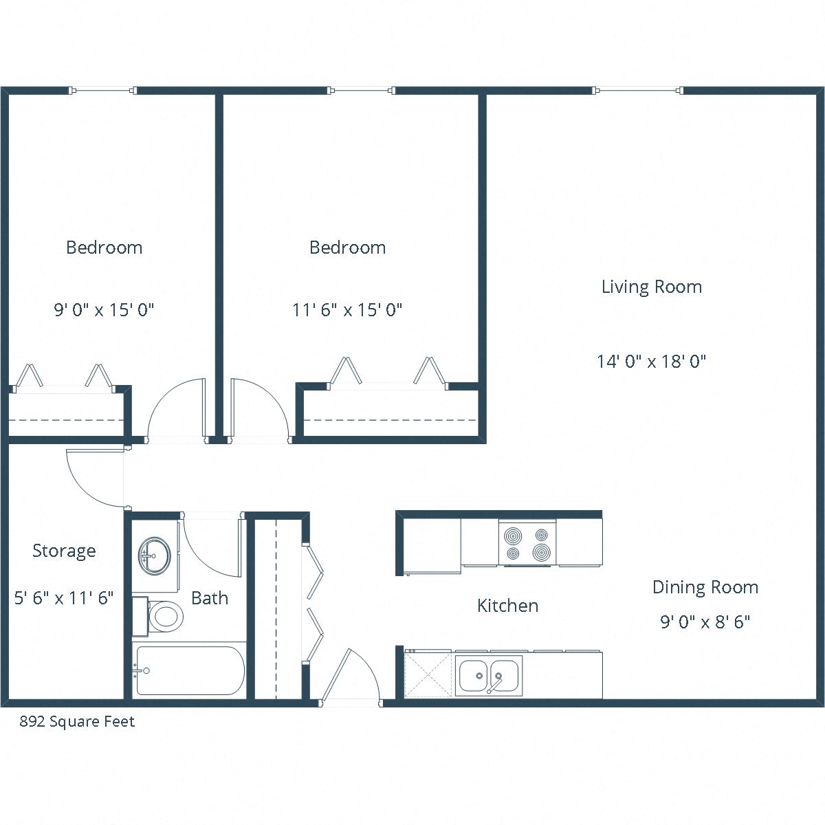 Floor plan for 2 beds, 1 bath, 892 sqft