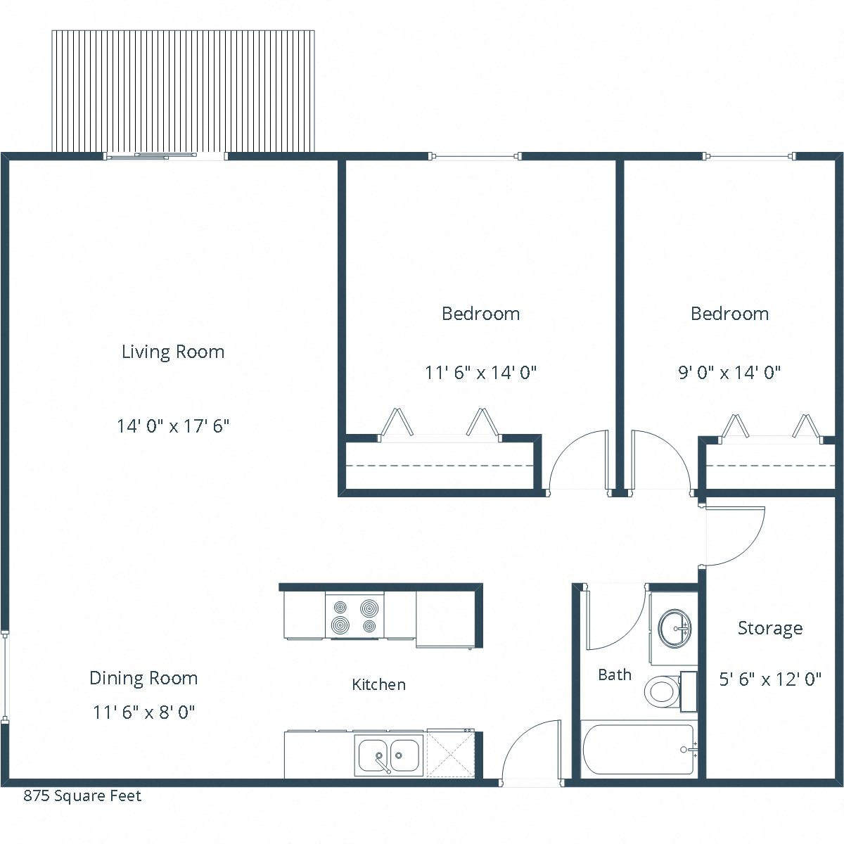 Floor plan for 2 beds, 1 bath, 875 sqft