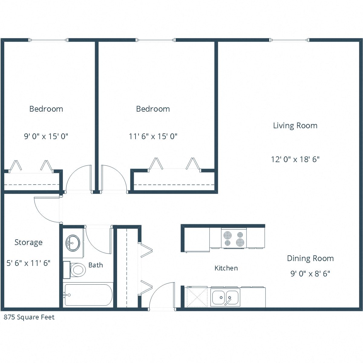 Floor plan for 2 beds, 1 bath, 875 sqft