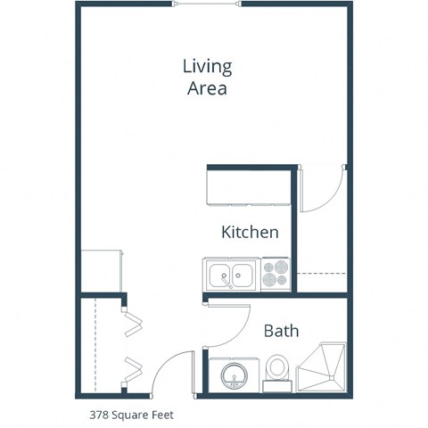 Floor plan for studio, 1 bath, 378 sqft