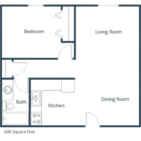 Floor plan for 1 bed, 1 bath, 627 sqft