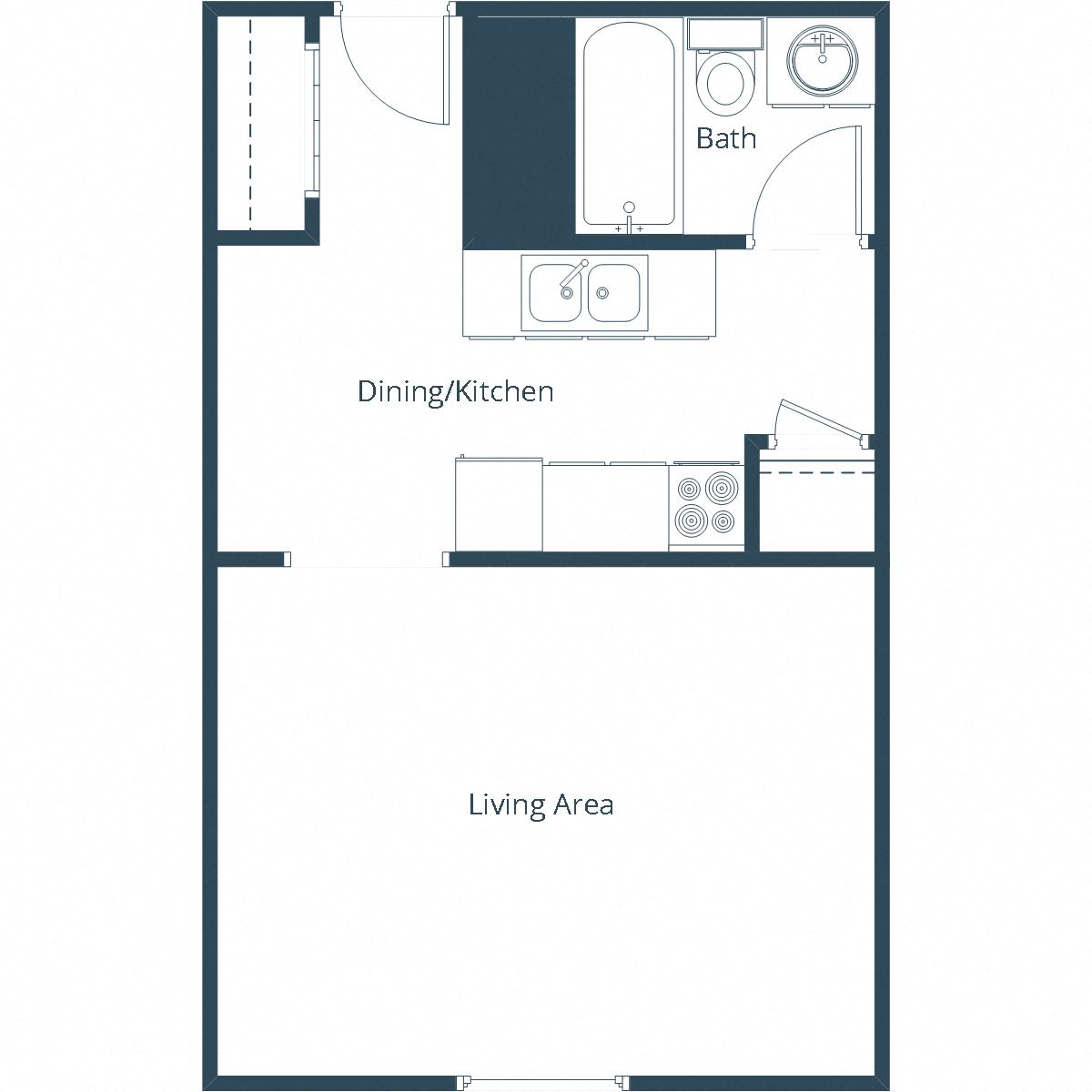 Floor plan for studio, 1 bath, 400 sqft