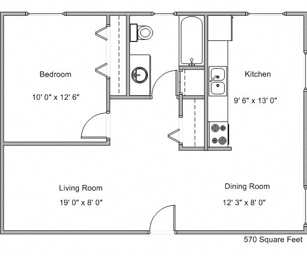Floor plan for 1 bed, 1 bath, 570 sqft