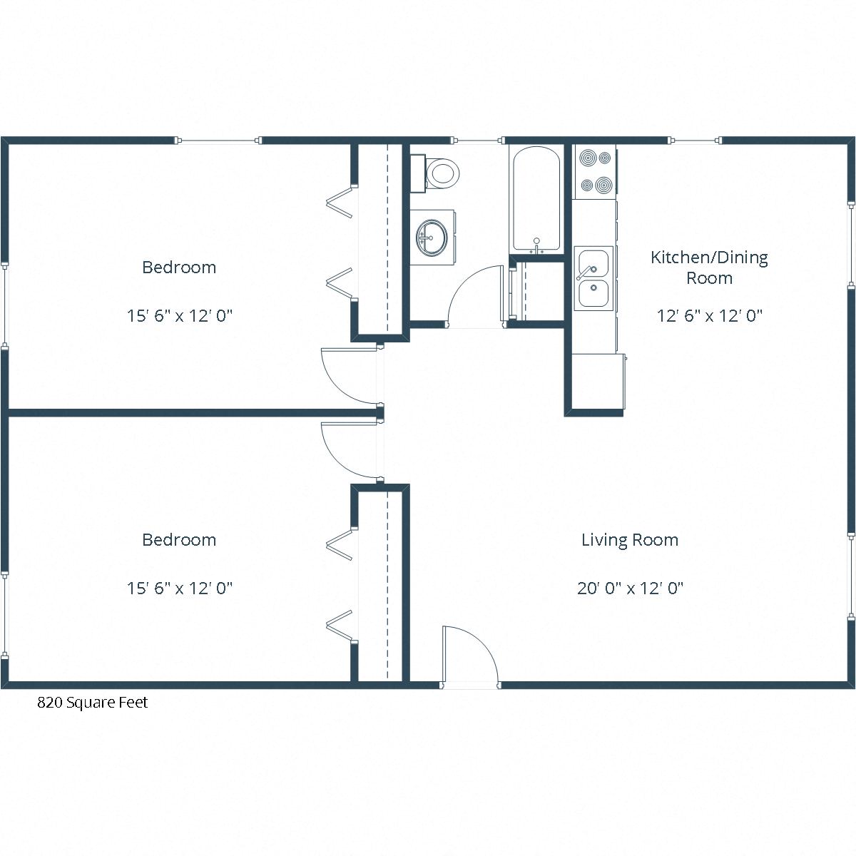 Floor plan for 2 beds, 1 bath, 820 sqft